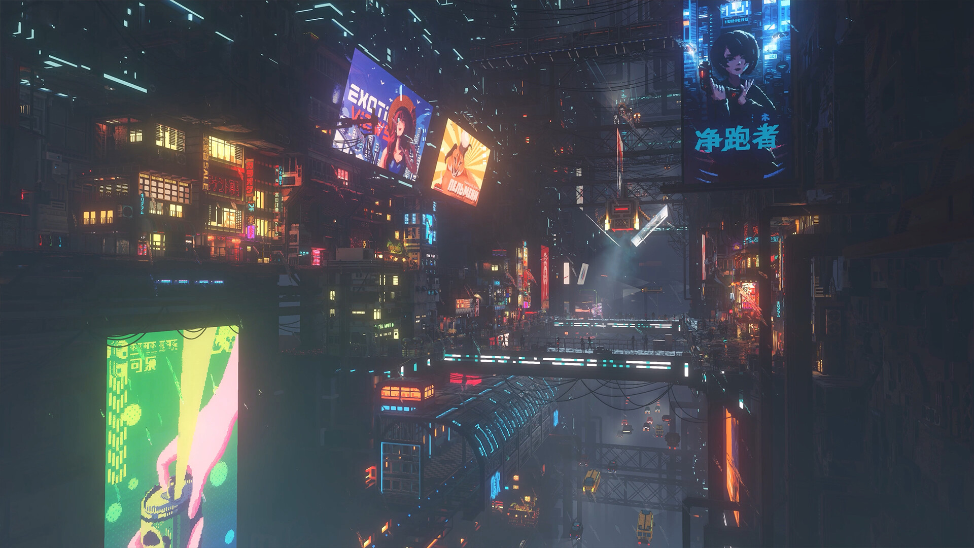 A neon-lit city street in Nivalis Nights
